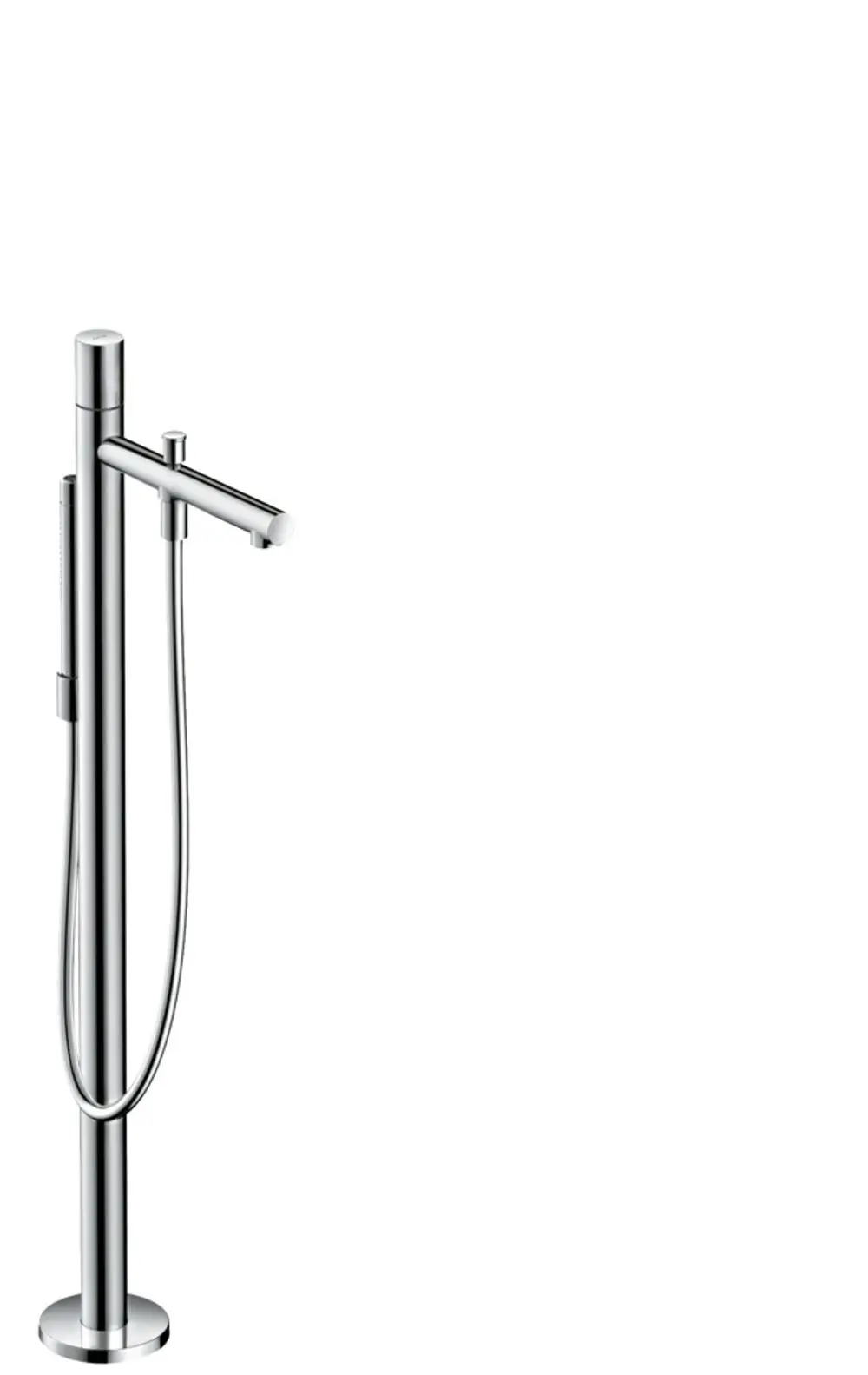 Bodenstehender Einhebel-Wannenmischer aus Edelstahloptik von AXOR mit einem schlanken Design und einem flexiblen Handbrauseanschluss für die Badewanne.